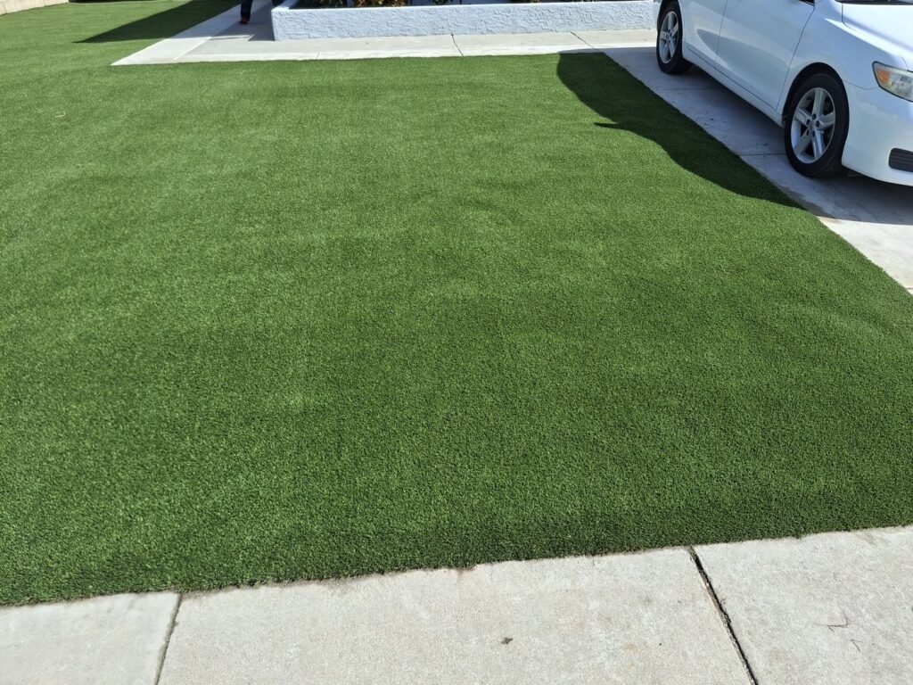 Front lawn artificial grass next to a driveway